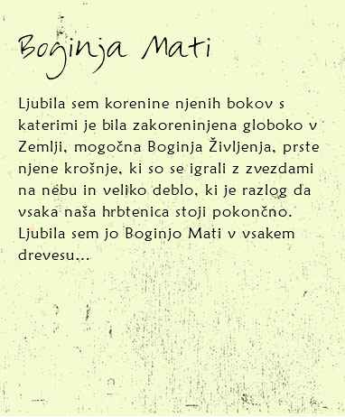 
Boginja Mati Ljubila sem korenine njenih bokov s katerimi je bila zakoreninjena globoko v Zemlji, mogočna Boginja Življenja, prste njene krošnje, ki so se igrali z zvezdami na nebu in veliko deblo, ki je razlog da vsaka naša hrbtenica stoji pokončno. Ljubila sem jo Boginjo Mati v vsakem drevesu… 