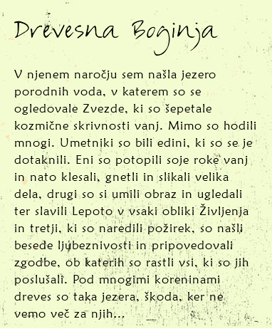 
Drevesna Boginja V njenem naročju sem našla jezero porodnih voda, v katerem so se ogledovale Zvezde, ki so šepetale kozmične skrivnosti vanj. Mimo so hodili mnogi. Umetniki so bili edini, ki so se je dotaknili. Eni so potopili soje roke vanj in nato klesali, gnetli in slikali velika dela, drugi so si umili obraz in ugledali ter slavili Lepoto v vsaki obliki Življenja in tretji, ki so naredili požirek, so našli besede ljubeznivosti in pripovedovali zgodbe, ob katerih so rastli vsi, ki so jih poslušali. Pod mnogimi koreninami dreves so taka jezera, škoda, ker ne vemo več za njih… 