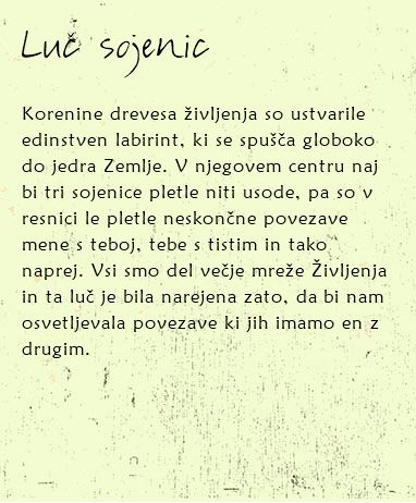 
Luč sojenic Korenine drevesa življenja so ustvarile edinstven labirint, ki se spušča globoko do jedra Zemlje. V njegovem centru naj bi tri sojenice pletle niti usode, pa so v resnici le pletle neskončne povezave mene s teboj, tebe s tistim in tako naprej. Vsi smo del večje mreže Življenja in ta luč je bila narejena zato, da bi nam osvetljevala povezave ki jih imamo en z drugim. 