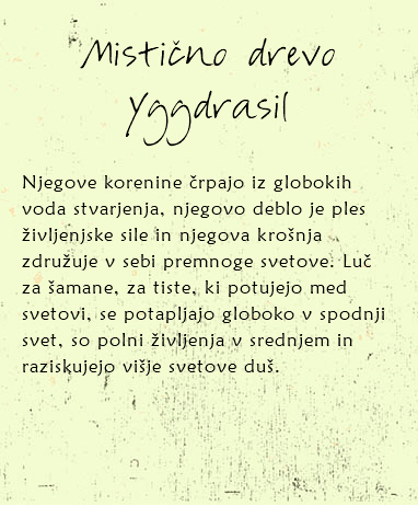 
Mistično drevo Yggdrasil Njegove korenine črpajo iz globokih voda stvarjenja, njegovo deblo je ples življenjske sile in njegova krošnja združuje v sebi premnoge svetove. Luč za šamane, za tiste, ki potujejo med svetovi, se potapljajo globoko v spodnji svet, so polni življenja v srednjem in raziskujejo višje svetove duš. 