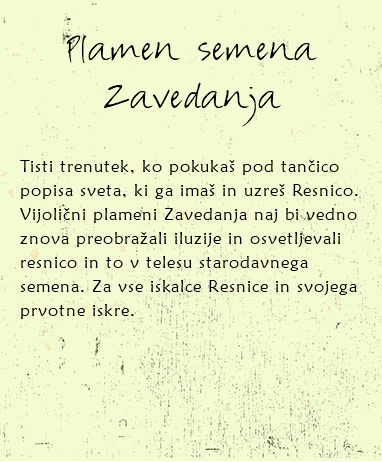 
Plamen semena Zavedanja Tisti trenutek, ko pokukaš pod tančico popisa sveta, ki ga imaš in uzreš Resnico. Vijolični plameni Zavedanja naj bi vedno znova preobražali iluzije in osvetljevali resnico in to v telesu starodavnega semena. Za vse iskalce Resnice in svojega prvotne iskre. 
