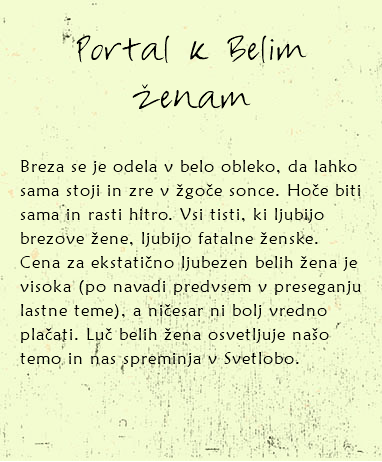 
Portal k Belim ženam Breza se je odela v belo obleko, da lahko sama stoji in zre v žgoče sonce. Hoče biti sama in rasti hitro. Vsi tisti, ki ljubijo brezove žene, ljubijo fatalne ženske. Cena za ekstatično ljubezen belih žena je visoka (po navadi predvsem v preseganju lastne teme), a ničesar ni bolj vredno plačati. Luč belih žena osvetljuje našo temo in nas spreminja v Svetlobo. 