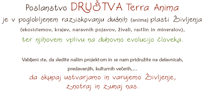 Poslanstvo DRUŠTVA Terra Anima je v poglobljenem raziskovanju dušnih (anima) plasti Življenja
(ekosistemov, krajev, naravnih pojavov, živali, rastlin in mineralov), ter njihovem vplivu na duhovno evolucijo človeka. Vabljeni ste, da sledite našim projektom in se nam pridružite na delavnicah, predavanjih, kulturnih večerih,…
da skupaj ustvarjamo in varujemo Življenje, znotraj in zunaj nas.