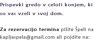 Prispevki gredo v celoti konjem, ki so vas vzeli v svoj dom. Za rezervacijo termina pišite Špeli na kapljaspela@gmail.com ali pojdite na: