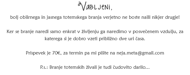 Vabljeni, bolj obširnega in jasnega totemskega branja verjetno ne boste našli nikjer drugje! Ker se branje naredi samo enkrat v življenju ga naredimo v posvečenem vzdušju, za katerega si je dobro vzeti približno dve uri časa. Prispevek je 70€, za termin pa mi pišite na neja.meta@gmail.com P.s.: Branje totemskih živali je tudi čudovito darilo...