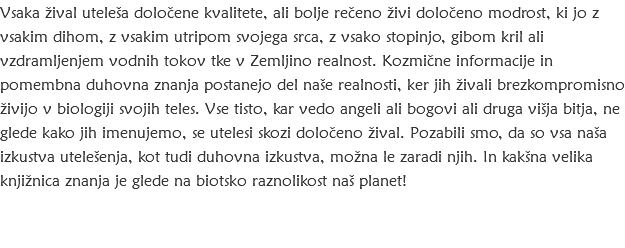 Vsaka žival uteleša določene kvalitete, ali bolje rečeno živi določeno modrost, ki jo z vsakim dihom, z vsakim utripom svojega srca, z vsako stopinjo, gibom kril ali vzdramljenjem vodnih tokov tke v Zemljino realnost. Kozmične informacije in pomembna duhovna znanja postanejo del naše realnosti, ker jih živali brezkompromisno živijo v biologiji svojih teles. Vse tisto, kar vedo angeli ali bogovi ali druga višja bitja, ne glede kako jih imenujemo, se utelesi skozi določeno žival. Pozabili smo, da so vsa naša izkustva utelešenja, kot tudi duhovna izkustva, možna le zaradi njih. In kakšna velika knjižnica znanja je glede na biotsko raznolikost naš planet!