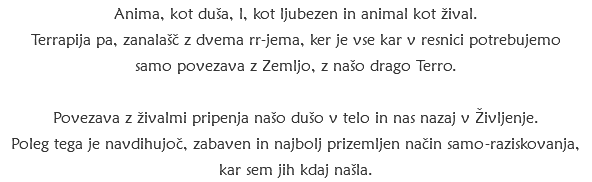 Anima, kot duša, l, kot ljubezen in animal kot žival. Terrapija pa, zanalašč z dvema rr-jema, ker je vse kar v resnici potrebujemo samo povezava z Zemljo, z našo drago Terro. Povezava z živalmi pripenja našo dušo v telo in nas nazaj v Življenje. Poleg tega je navdihujoč, zabaven in najbolj prizemljen način samo-raziskovanja, kar sem jih kdaj našla. 